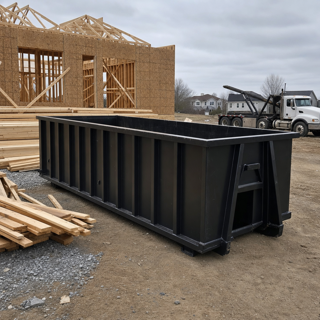 Matte-black 40-yard roll-off dumpster staged on a framed-out residential construction site in Savannah, framing lumber stacked nearby, hooklift delivery truck visible in the background under bright Colorado daylight