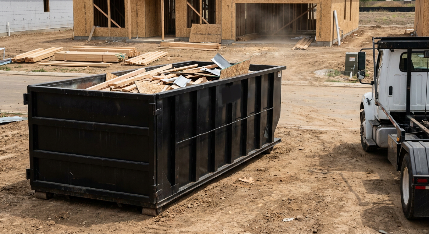 Matte-black 20-yard roll-off construction dumpster with heavy ribbed steel sidewalls and swing rear doors at a working jobsite in Savannah, sitting directly on compacted dirt with an unmarked white hauler partially visible at the far edge of the frame.