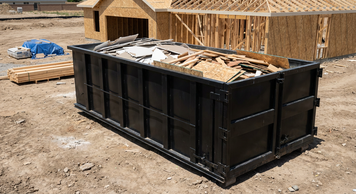 Matte-black 30-yard roll-off construction dumpster sitting directly on the compacted-dirt site of a framed single-family home build in Savannah, drywall and lumber scrap loaded inside.