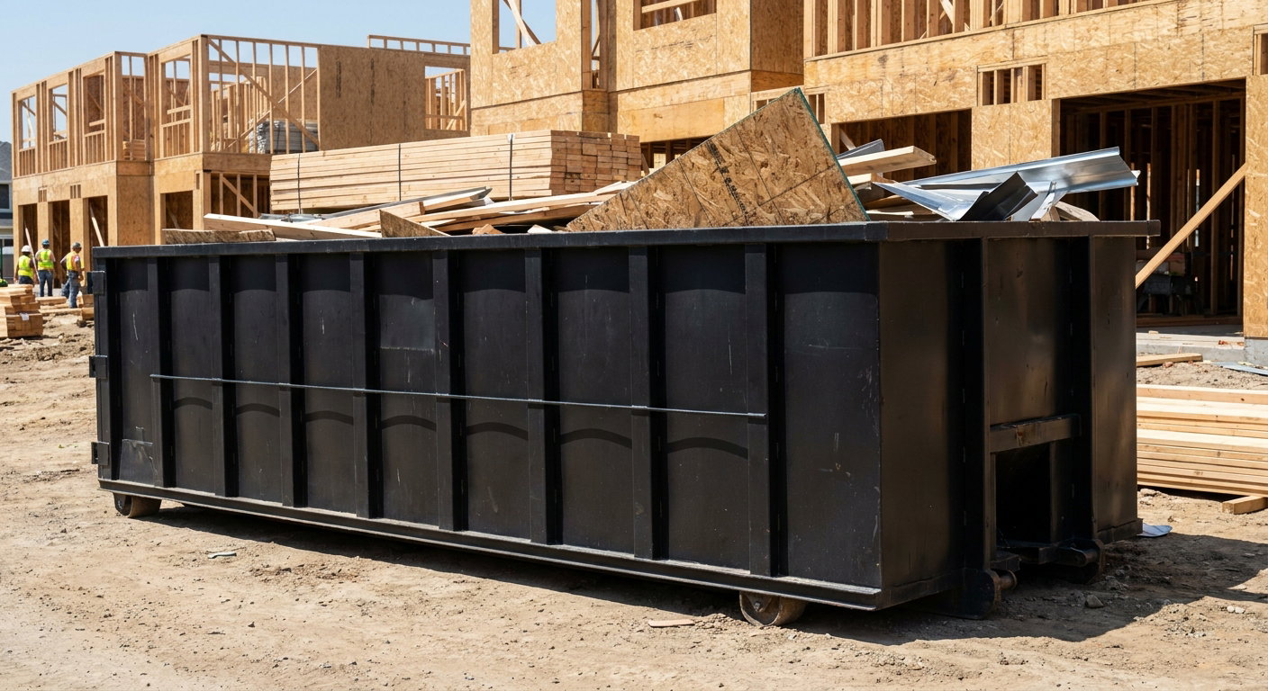 Matte-black 40-yard roll-off construction dumpster being lowered from a white-cab hooklift delivery truck onto the compacted-dirt jobsite at a commercial build site in Savannah