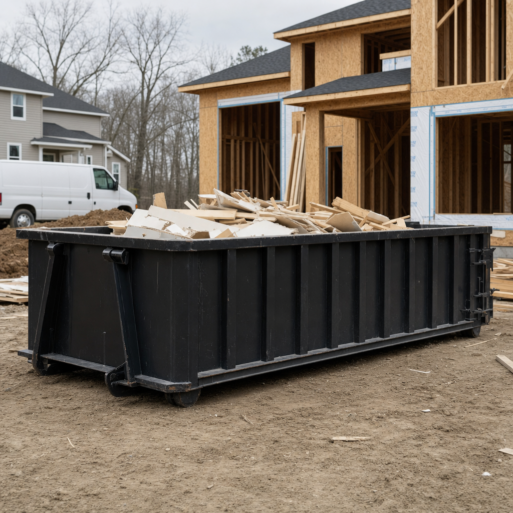 Worker in a yellow high-visibility vest tossing framing lumber and broken drywall into a matte-black 30-yard construction roll-off dumpster on an active build site in Savannah, bright daylight
