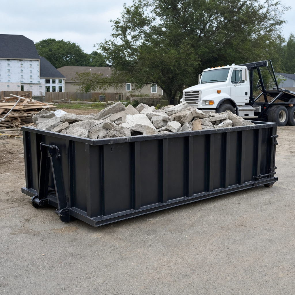 Low-profile matte-black lowboy roll-off dumpster loaded with broken concrete slab and rebar at a foundation tear-out in Savannah, skid steer parked beside it, sunny Colorado morning