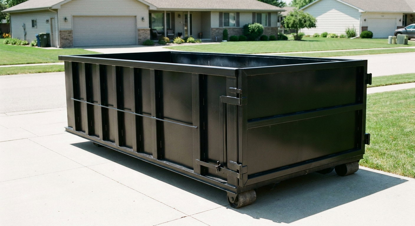 Matte-black 10-yard roll-off dumpster on a residential concrete driveway in Savannah, uniformly painted matte black across every panel and rail, ribbed steel sidewalls and rear swing door visible, mid-day daylight.