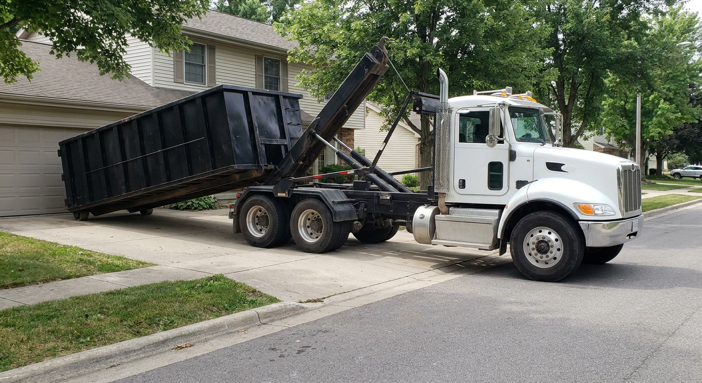 White-cab hooklift roll-off truck actively lowering a matte-black dumpster onto a Savannah residential concrete driveway, the dumpster's rear wheels touching the driveway as the hoist arm tilts the bed forward, mid-morning daylight.