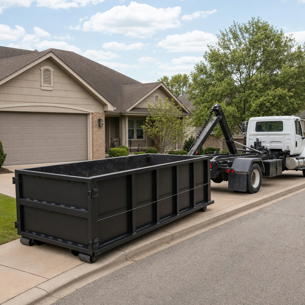 Wide documentary shot of a matte-black roll-off dumpster on a Savannah residential driveway in the foreground and a contractor jobsite container in the soft-focus background, bright daylight, calm and orderly composition.
