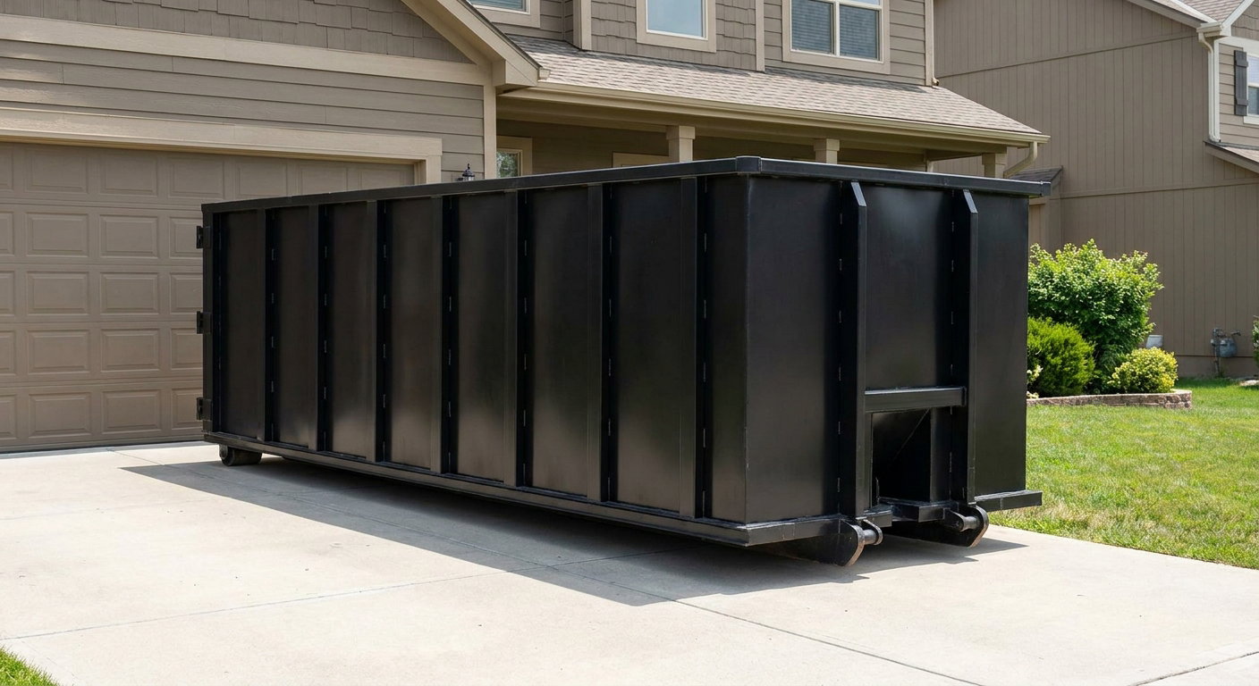 Matte-black residential roll-off dumpster sitting directly on a suburban Savannah concrete driveway, garage door closed, single-family home in background, bright morning daylight.