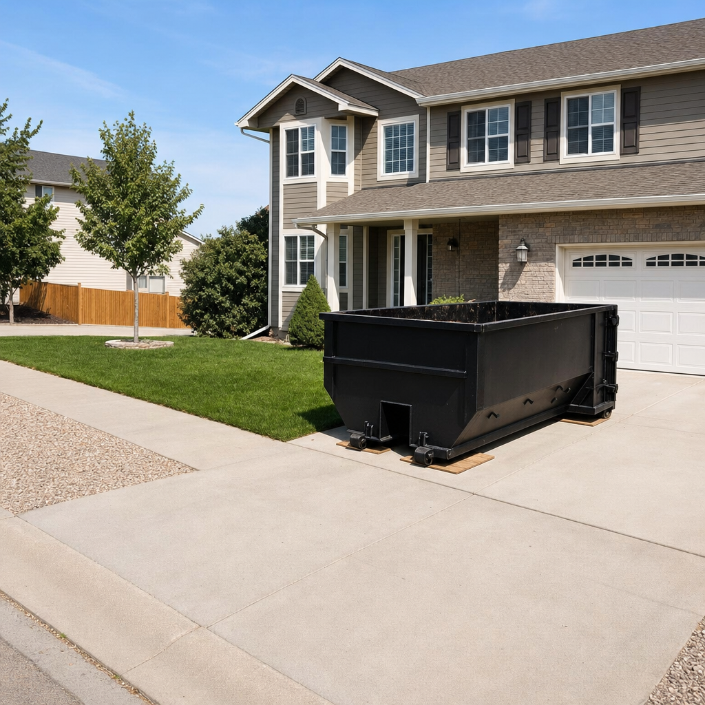 10-yard matte-black residential dumpster placed directly on a narrow Savannah concrete driveway, room remains for a parked sedan beside it, mid-morning natural light