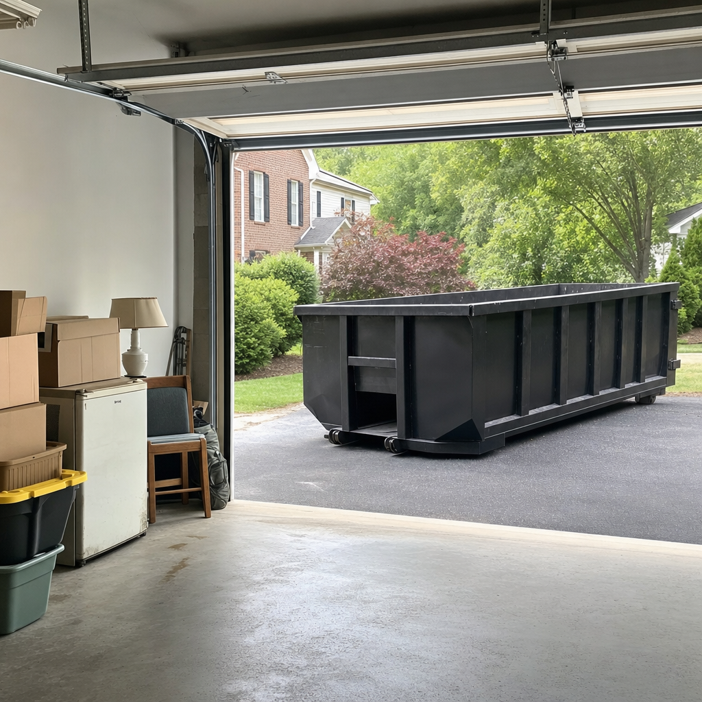 Open garage interior in a Savannah home mid-cleanout — boxed items, an old appliance, and stacked yard tools queued near the driveway for a matte-black roll-off dumpster, organized and calm