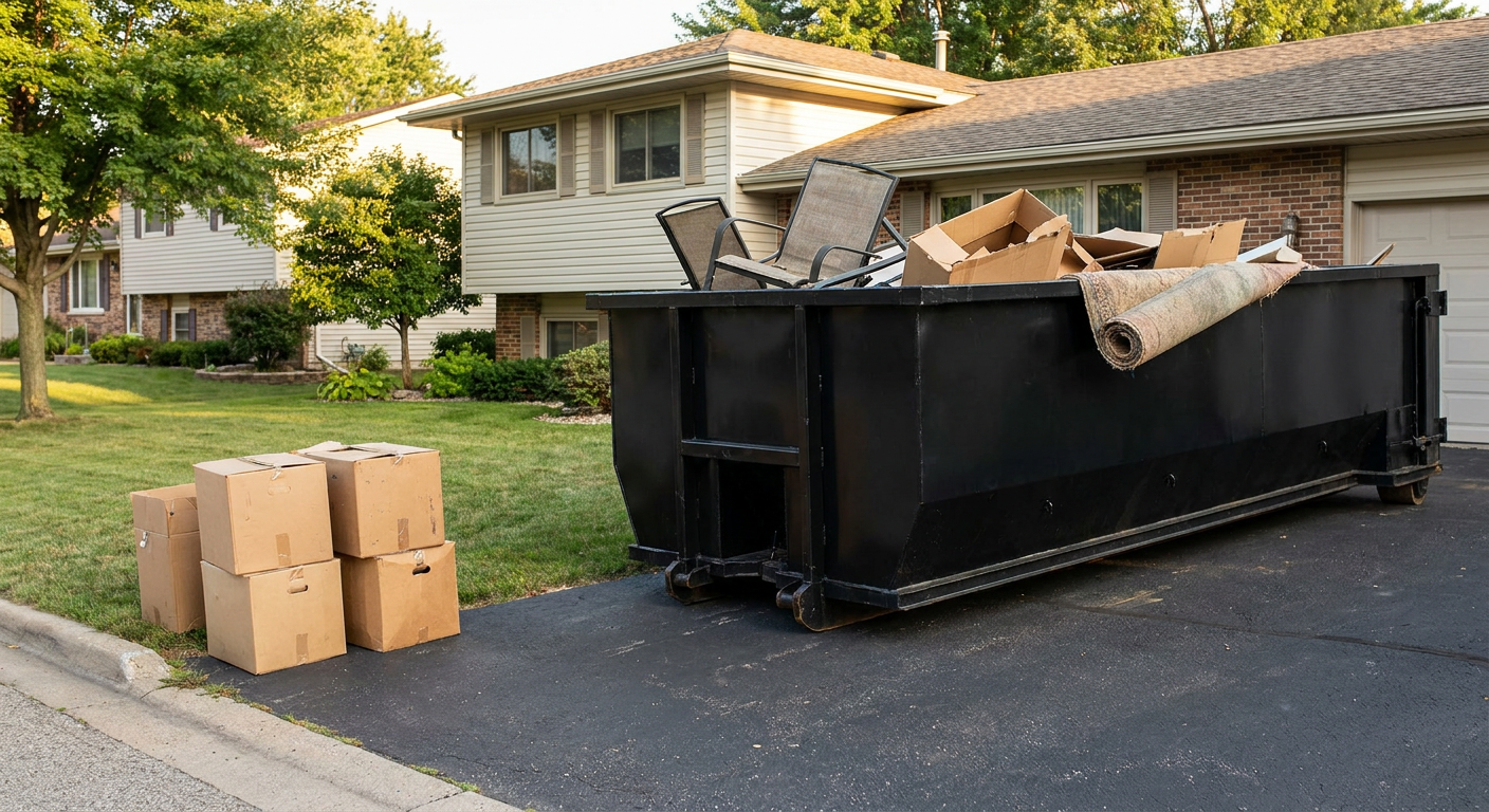 Front-yard view of a Savannah split-level home with a 20-yard matte-black roll-off dumpster sitting directly on the asphalt driveway, a few clearly labeled donation boxes staged at the curb, calm sunny afternoon.