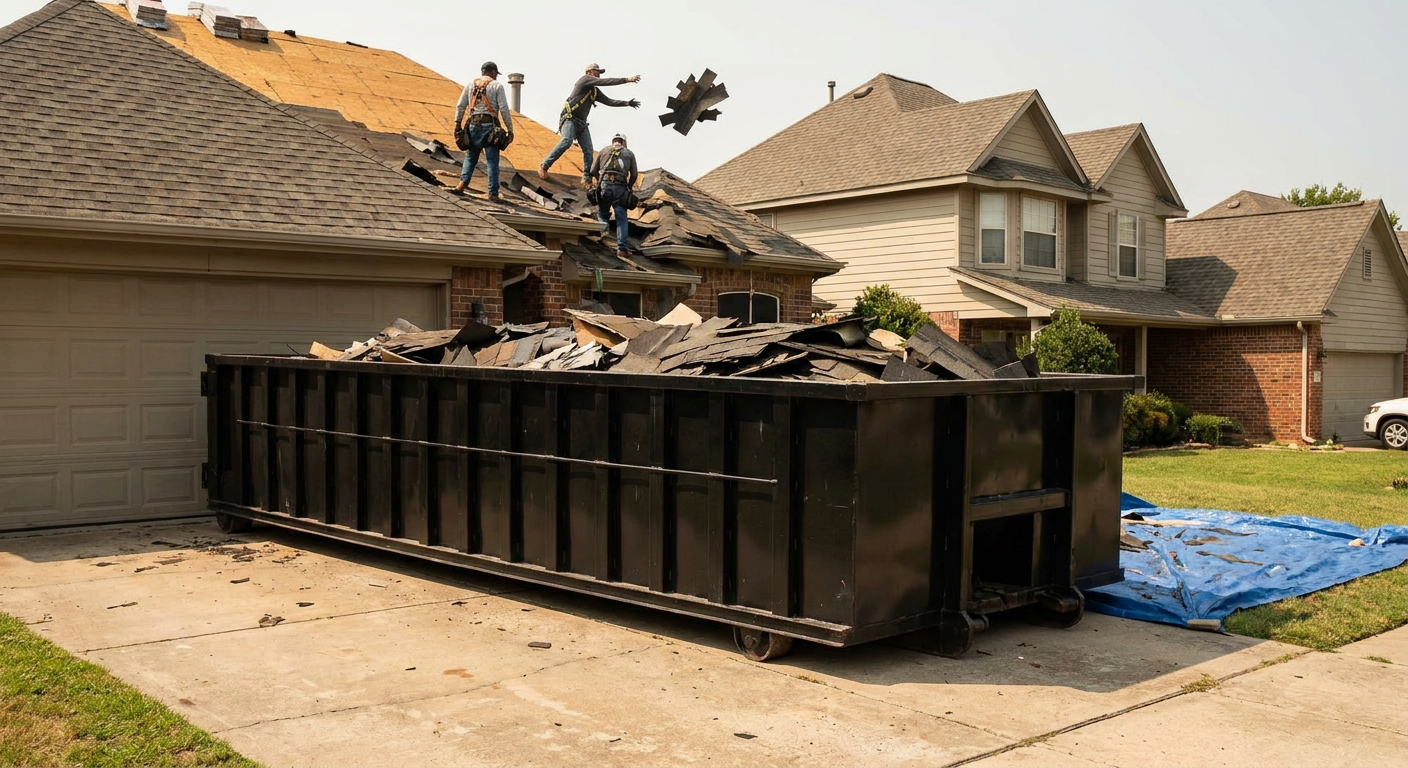 Matte-black roofing roll-off dumpster placed directly on a Savannah residential concrete driveway, a tear-off crew on a two-story asphalt-shingle roof tossing shingle bundles into the low-walled container, bright daylight, documentary 35mm perspective.