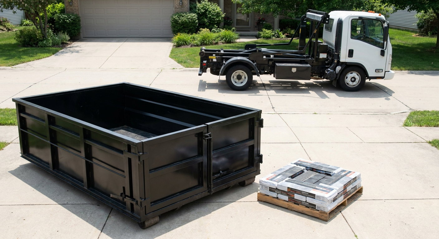 Matte-black 15-yard roofing roll-off dumpster with reinforced low side walls sitting directly on a Savannah residential concrete driveway, three-tab asphalt shingle bundles stacked nearby, an unmarked white hauler truck partially visible at the edge of the frame.