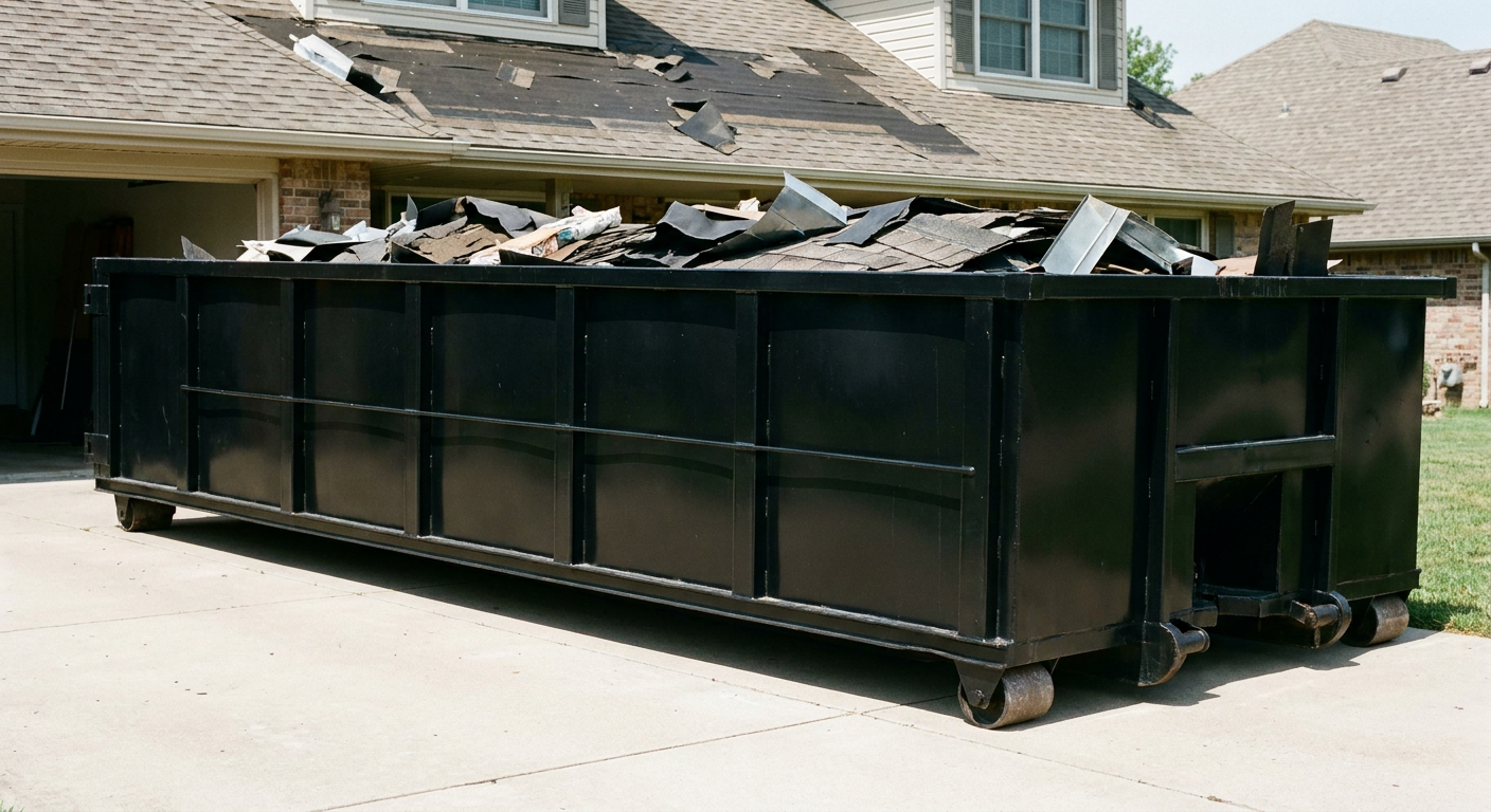 Matte-black 20-yard roofing roll-off dumpster with steel ribbed sides and swinging rear door, sitting directly on the concrete driveway of a two-story Savannah home, asphalt shingle debris being loaded over the low wall, clean documentary lighting.