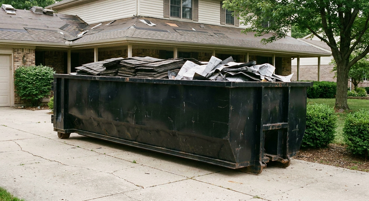 Matte-black 30-yard roofing roll-off dumpster sitting directly on a Savannah concrete driveway, taller ribbed steel side panels, mixed tear-off debris of asphalt shingles and underlayment inside, professional documentary daylight.