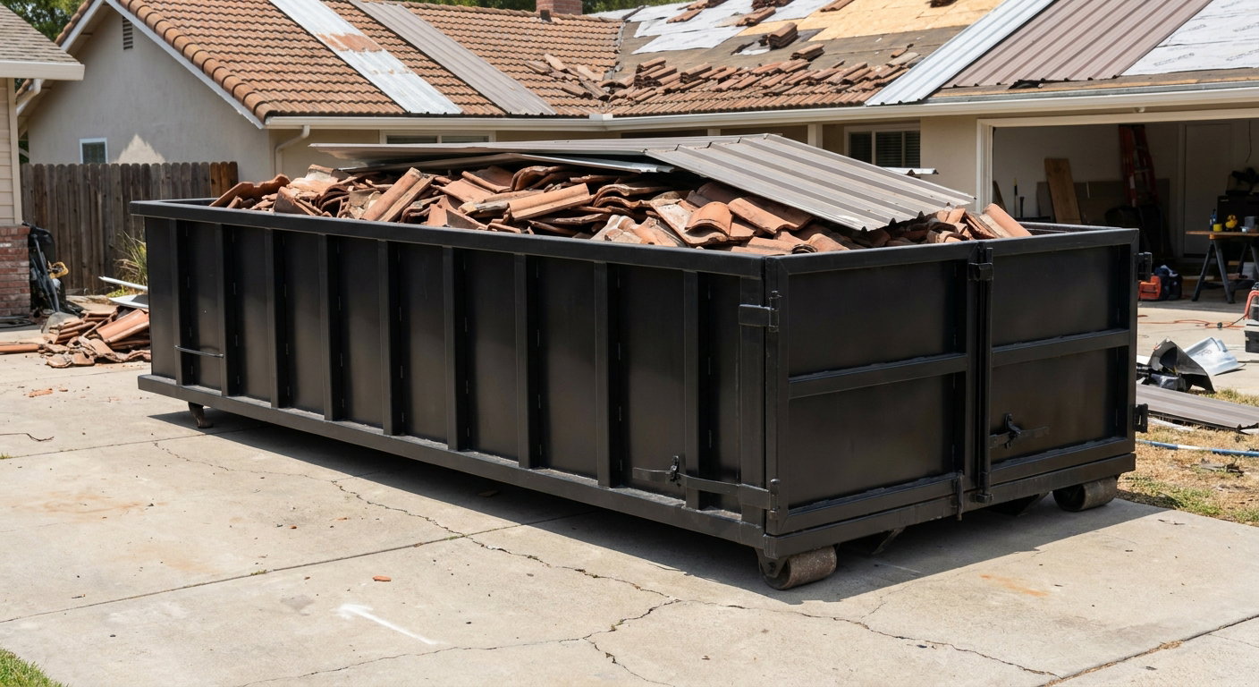 Matte-black low-wall heavy-debris roofing roll-off dumpster sitting directly on a Savannah concrete driveway, broken concrete clay roof tiles and metal panel sections loaded inside, reinforced ribbed steel side walls visible, bright outdoor daylight.
