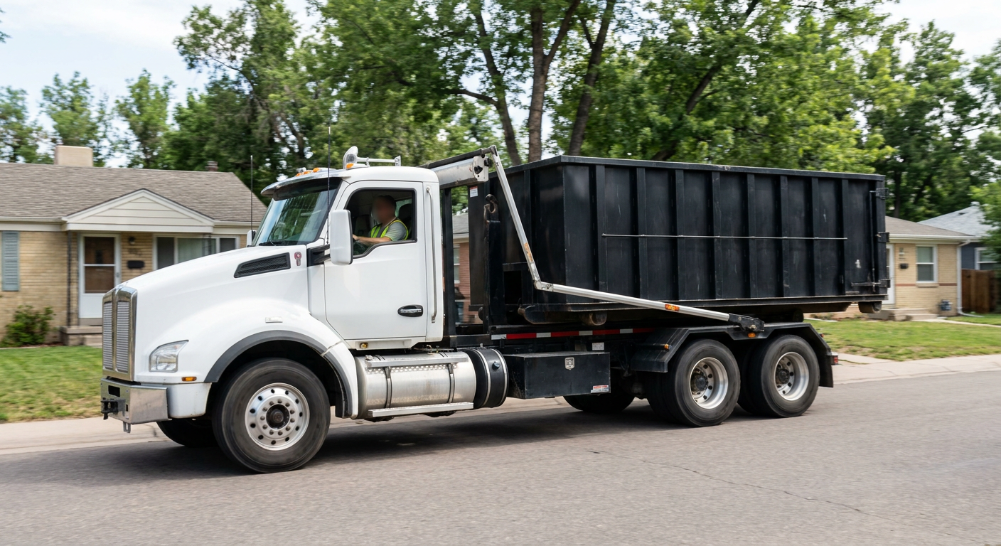 A wide documentary shot of a matte-black roll-off delivery truck pulling onto a quiet Savannah residential street at mid-morning, with neighborhood rooftops and tree-lined blocks visible behind, showing the metro coverage footprint.