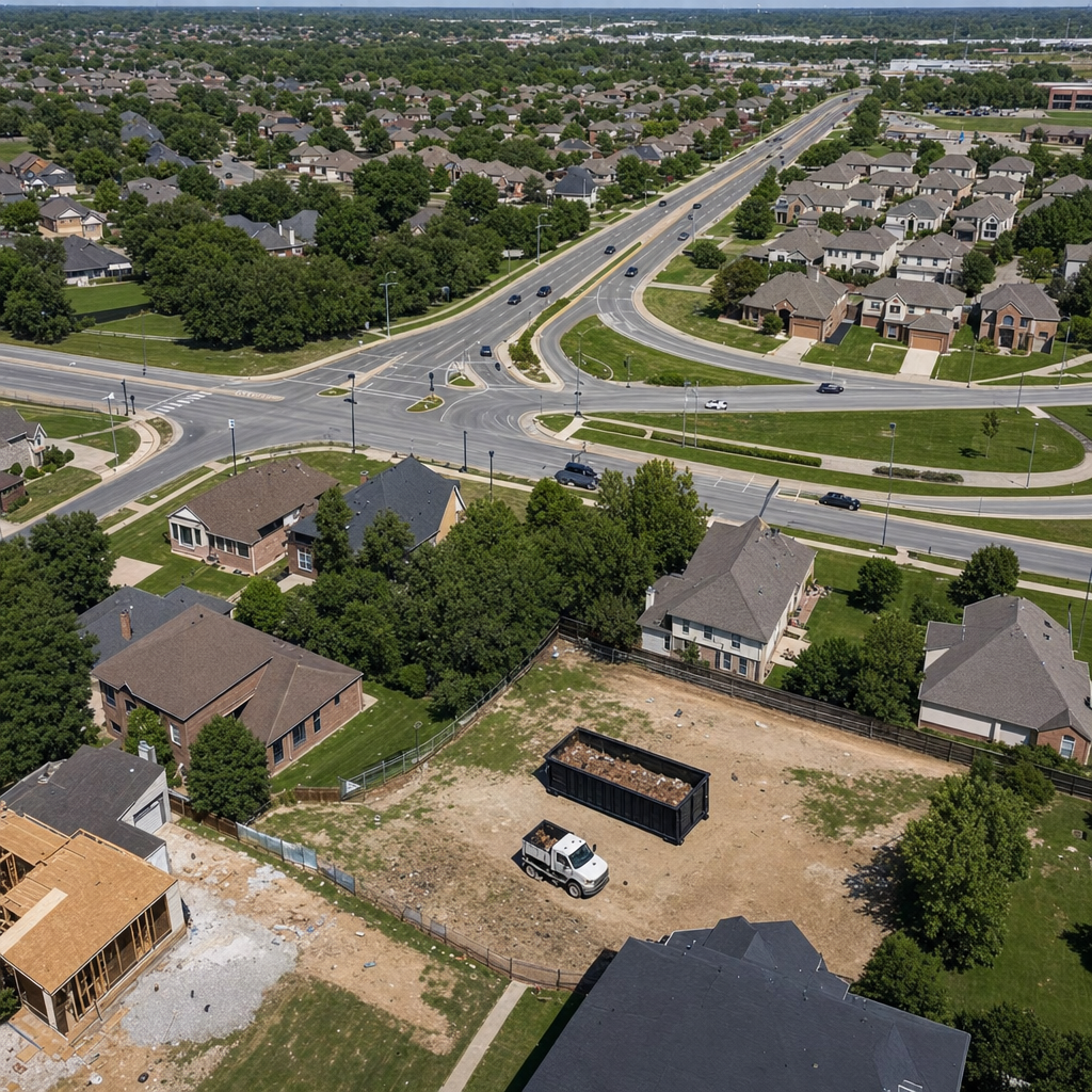 An overhead documentary view of the Savannah metro area at midday, showing the spread of neighborhoods, arterial roads, and the dispatch radius from a central yard — clean daylight, organized geographic layout.