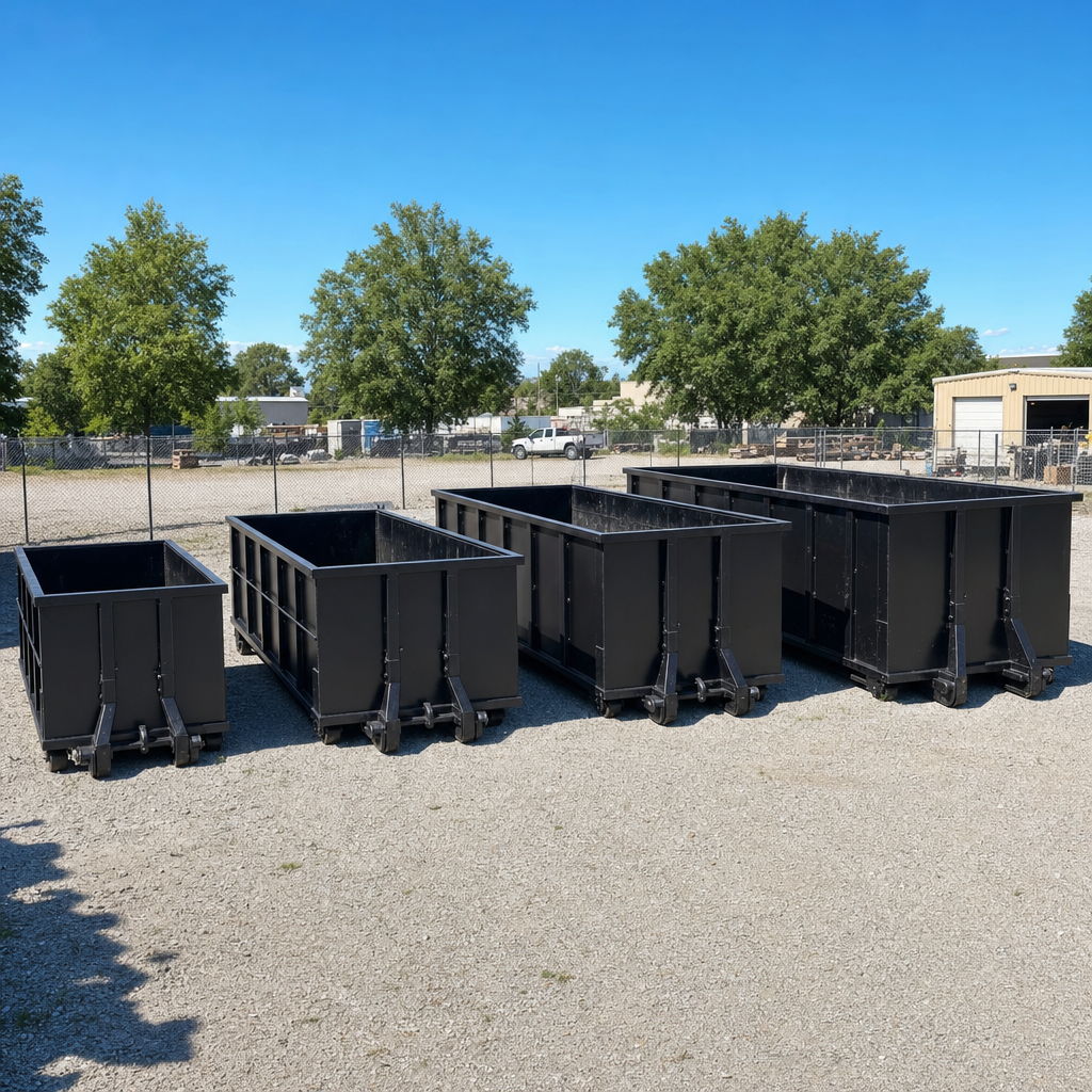 A clean lineup of matte-black roll-off dumpsters in 10, 20, 30, and 40-yard sizes staged on a sunlit gravel yard in Savannah, showing the size progression from compact to commercial-scale containers.