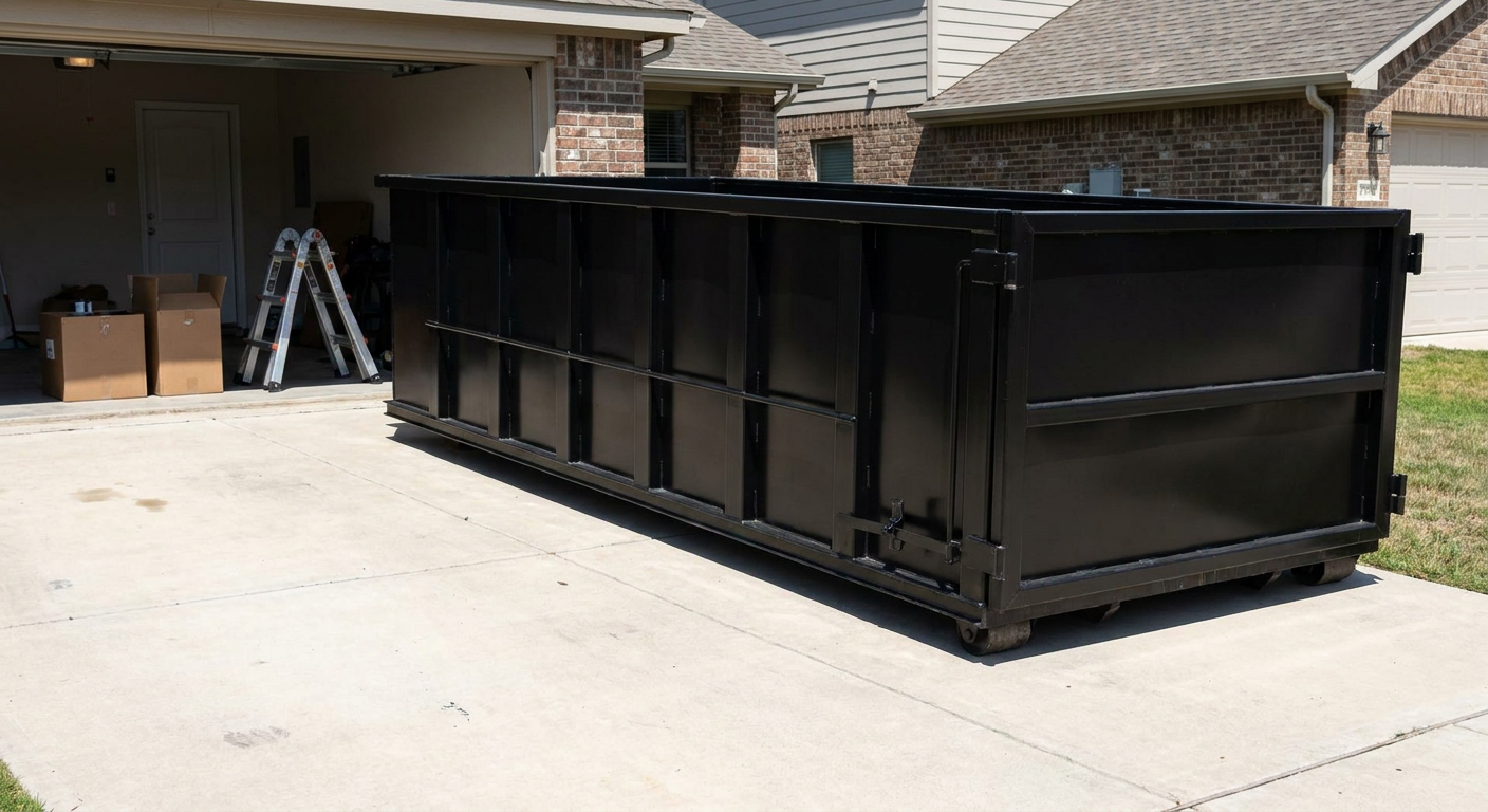 A matte-black 10-yard roll-off dumpster sitting directly on a residential Savannah concrete driveway, mid-day sunlight, clean and ready for a garage cleanout.