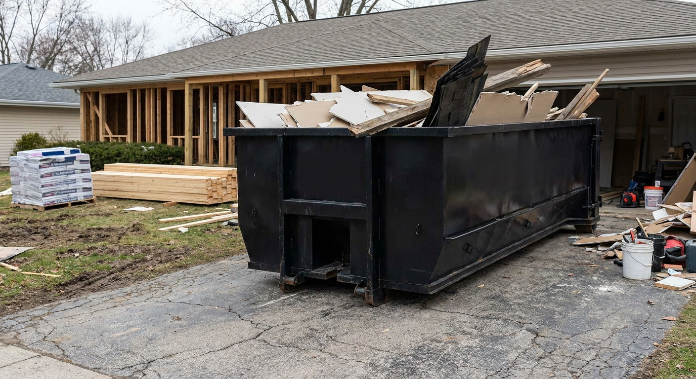 A matte-black 20-yard roll-off dumpster placed alongside a mid-renovation Savannah home directly on the asphalt driveway, with framing materials and torn-off shingles staged neatly nearby.