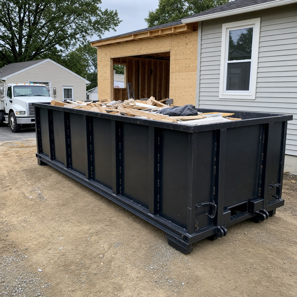 A matte-black 30-yard roll-off dumpster positioned at a Savannah residential addition jobsite, with framing lumber and drywall scraps loaded through the open swinging rear doors.