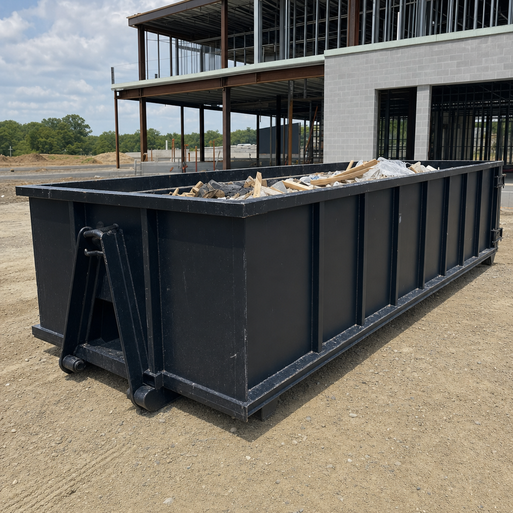 A matte-black 40-yard roll-off dumpster staged on a large Savannah commercial construction lot, with a hooklift delivery truck parked alongside under bright midday sky.