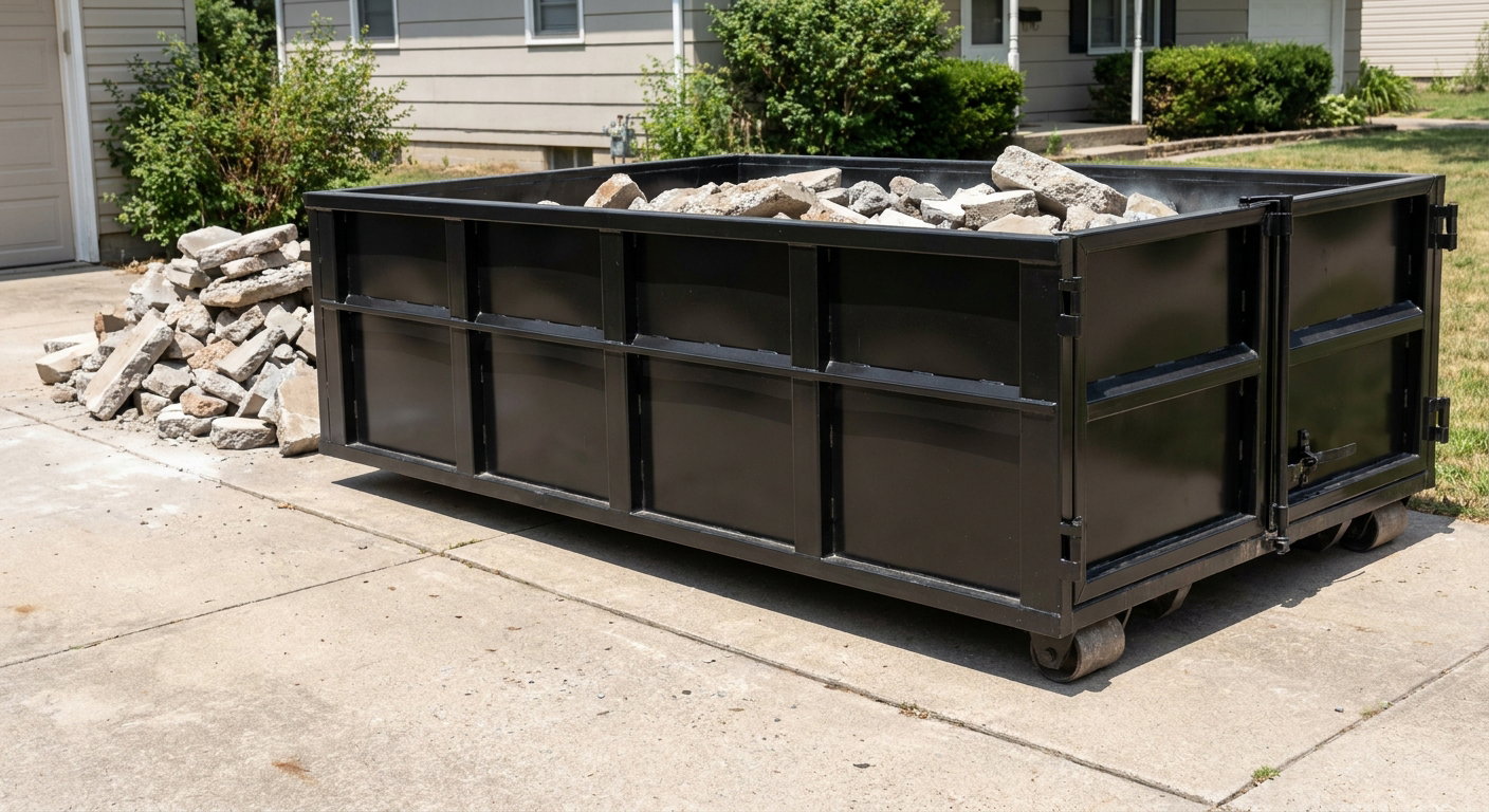 A matte-black low-side heavy-debris roll-off dumpster placed directly on a Savannah concrete driveway, with broken concrete chunks neatly stacked beside it under clean daylight.